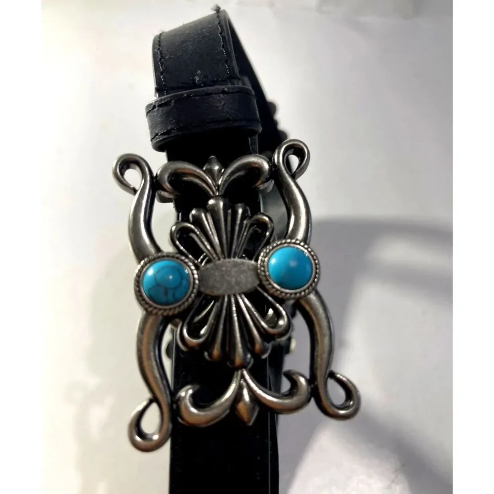 Genuine leather belt braided brown turquoise metal buckle country women M